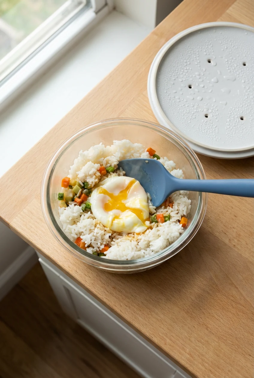 Overhead process shot: a wide microwave-safe glass bowl just uncovered after a heating burst, fluffy chilled rice and mi