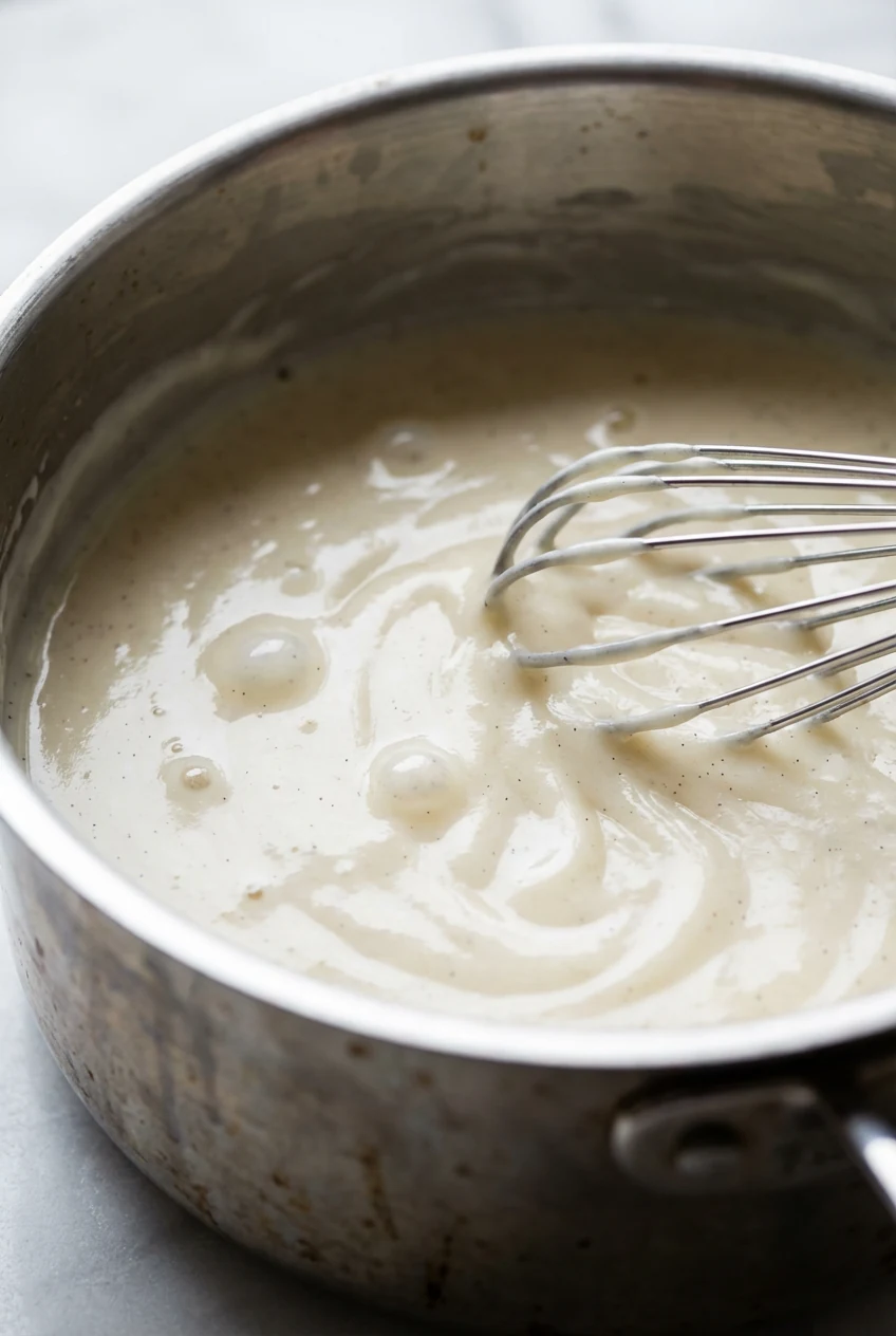 Close-up of silky vanilla pudding thickening in a stainless saucepan - slow bubbles, glossy whisk trails, shallow depth 