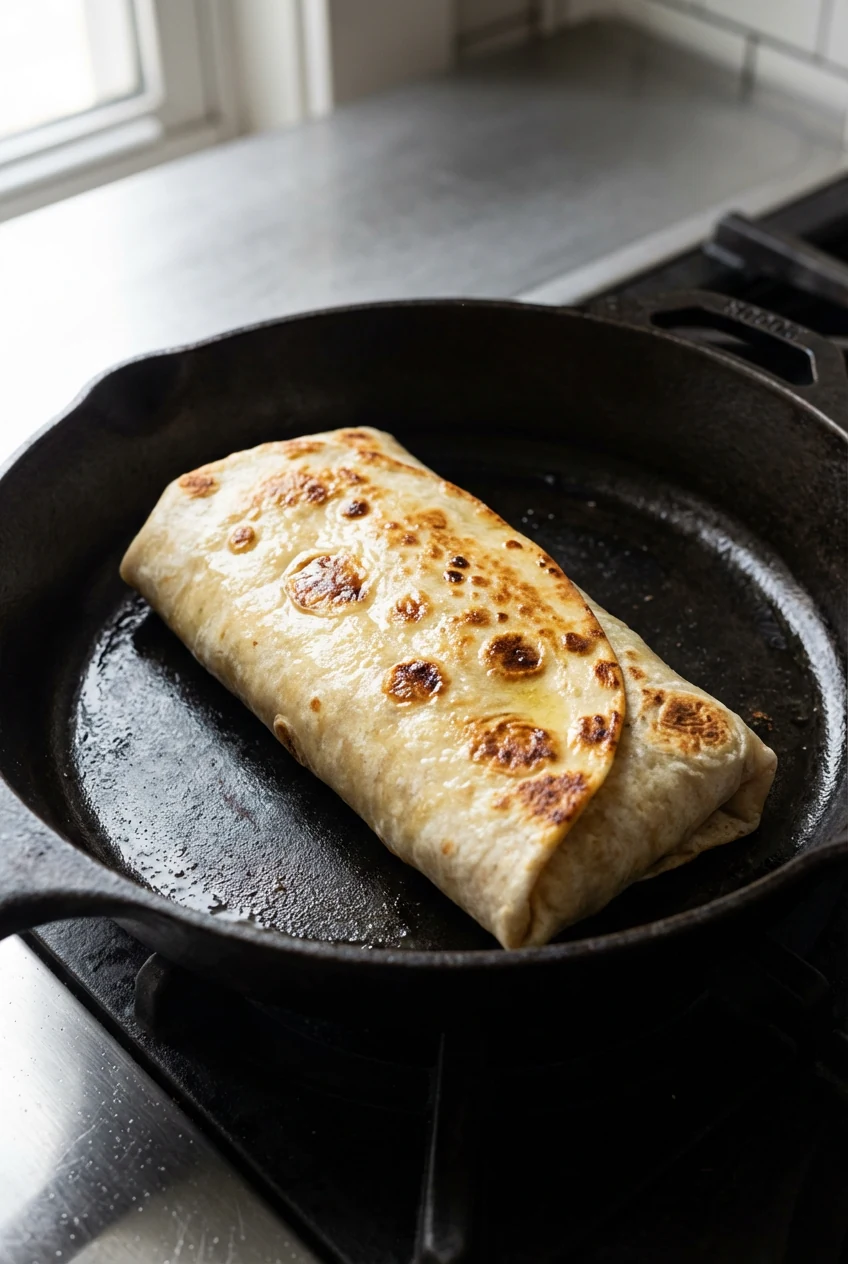 Caesar Chicken Crunch wrap searing seam-side down in a hot cast-iron skillet, light butter sheen, tortilla turning golde