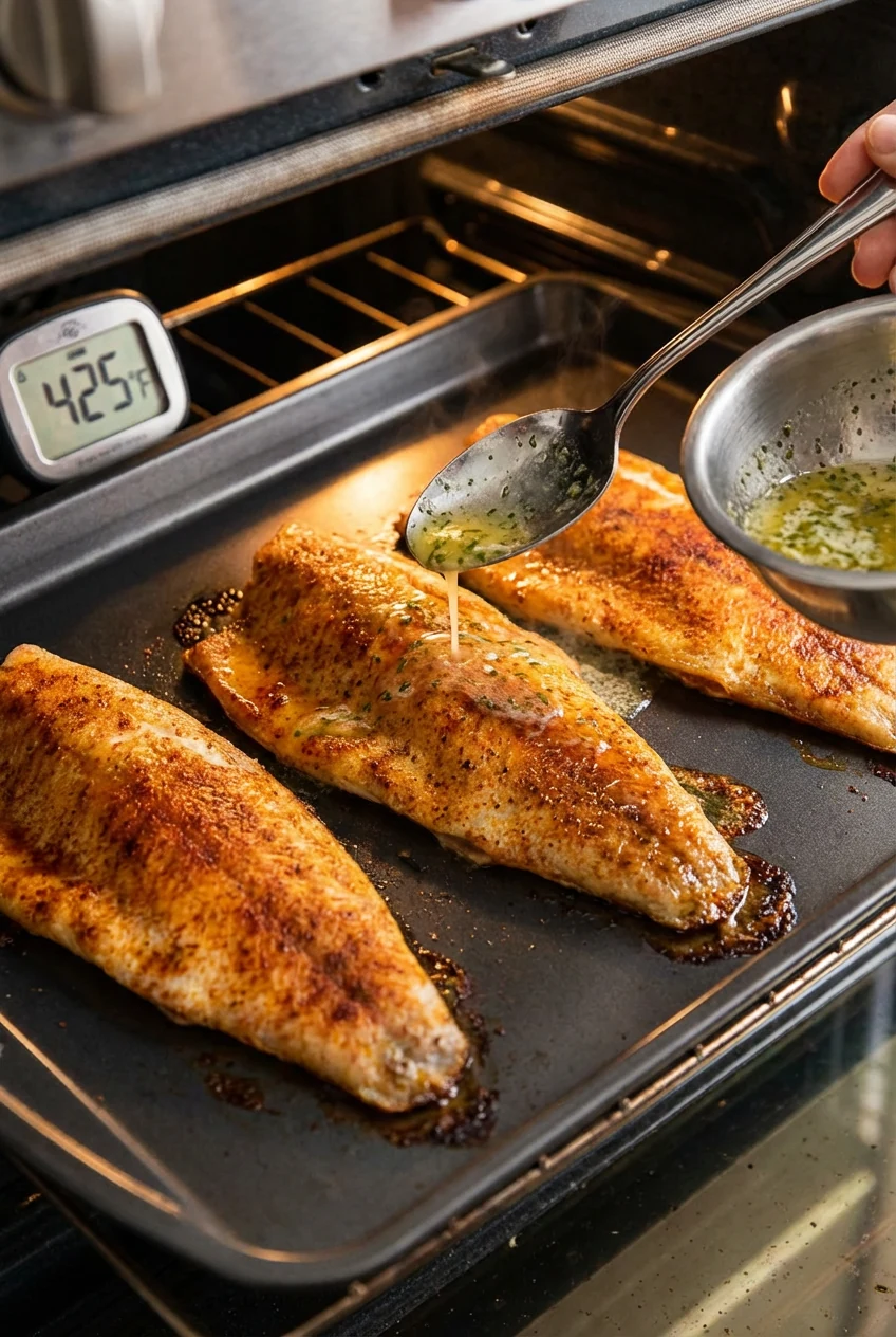 1. Trout fillets roasting skin-side down on a preheated sheet pan at 425°F, lemon-garlic butter being spoon-basted at th