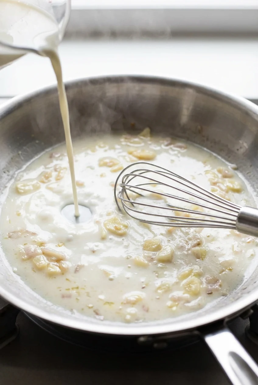 Close-up, in-pan shot of a silky white sauce forming as warm milk is whisked into a pale golden roux; softened garlic/sh