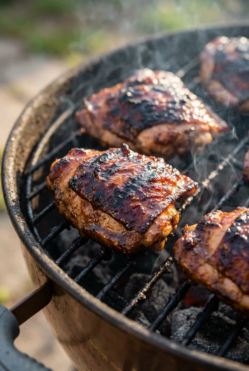 Close-up of jerk chicken thighs on a medium-high grill, lacquered skin with deep mahogany char, reserved marinade brushe