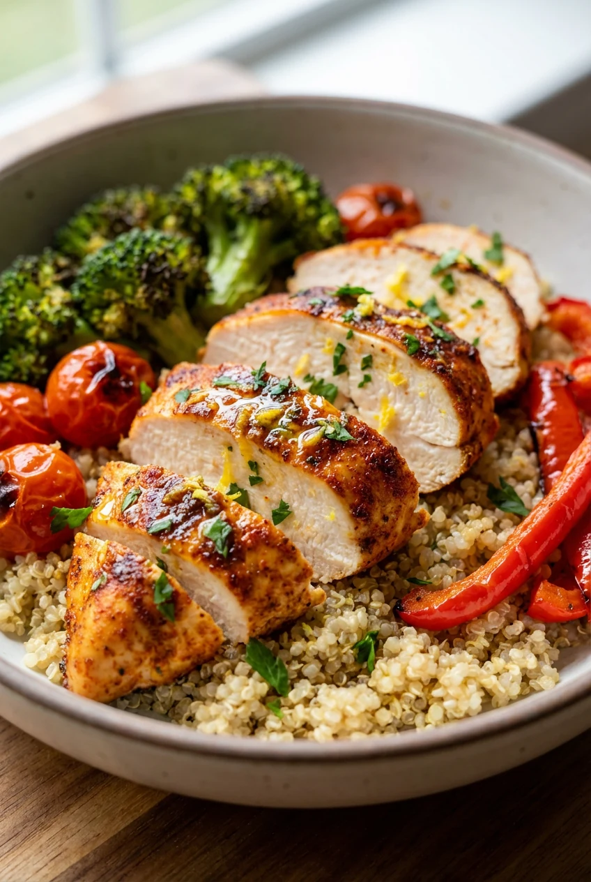 Close-up of sliced roasted citrus-herb chicken breast atop fluffy quinoa, with charred broccoli florets, blistered cherr