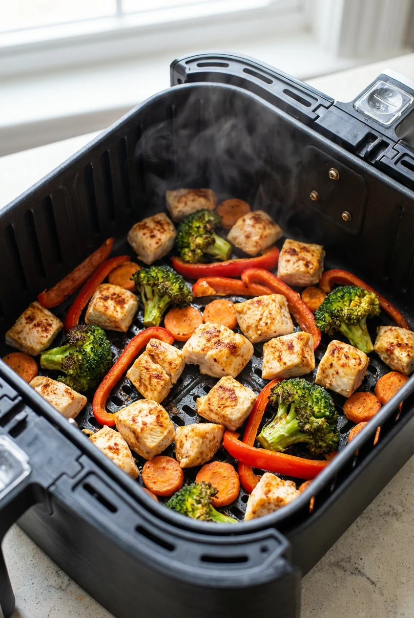Air fryer basket open mid-cook: golden-brown chicken breast cubes and caramelized broccoli florets, red bell pepper stri