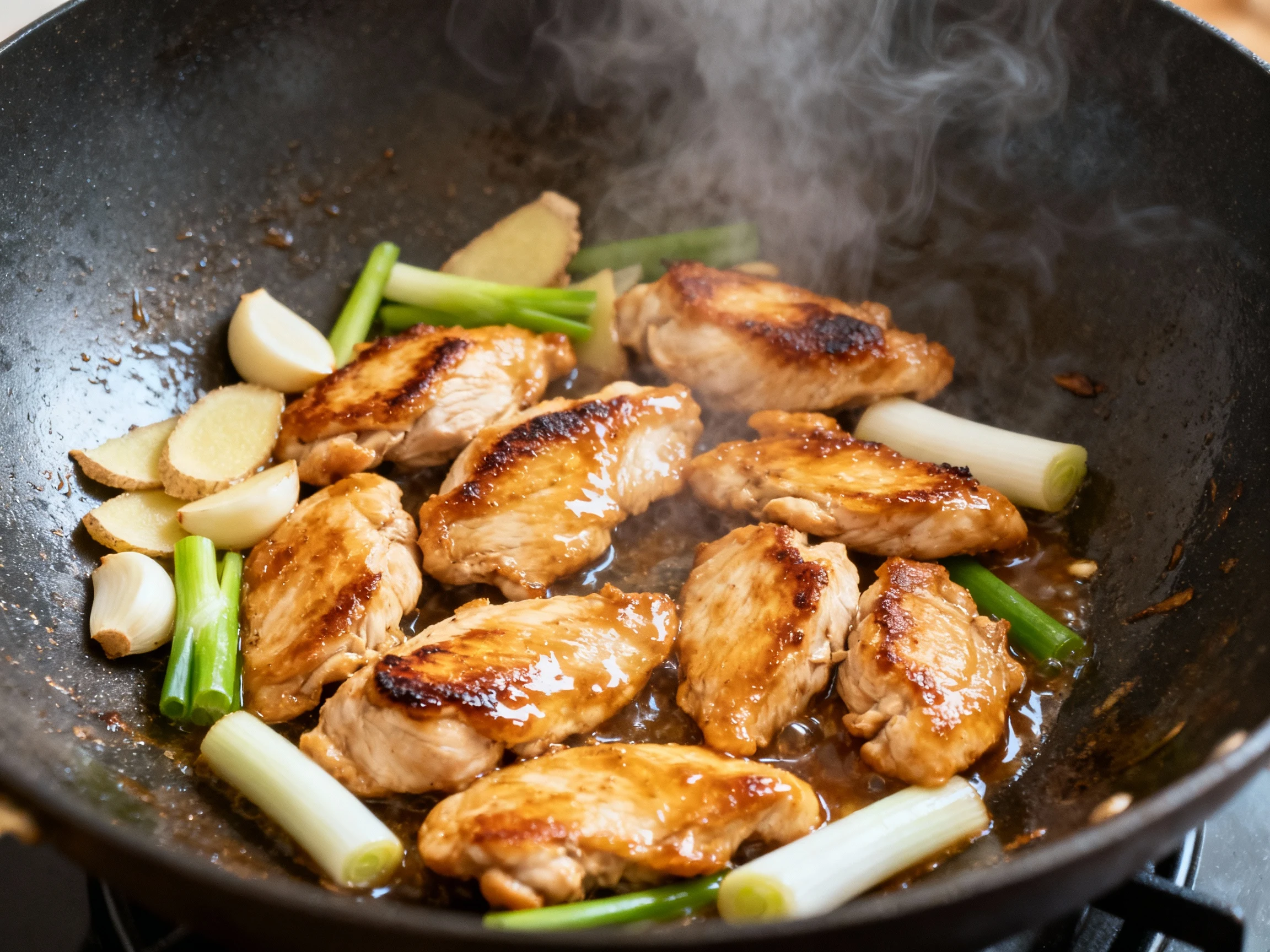 Food photography, Ginger-Garlic Chicken Stir-Fry mid-cook in a hot wok: chicken slices searing in a single layer with br