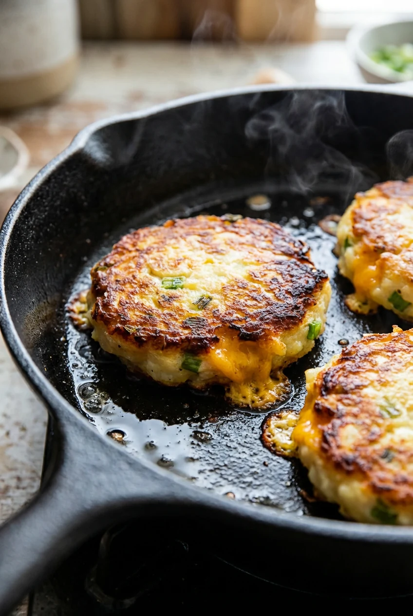 1. Close-up of pan-fried potato cakes sizzling in a preheated cast-iron skillet; deep golden crust, crispy edges, scalli
