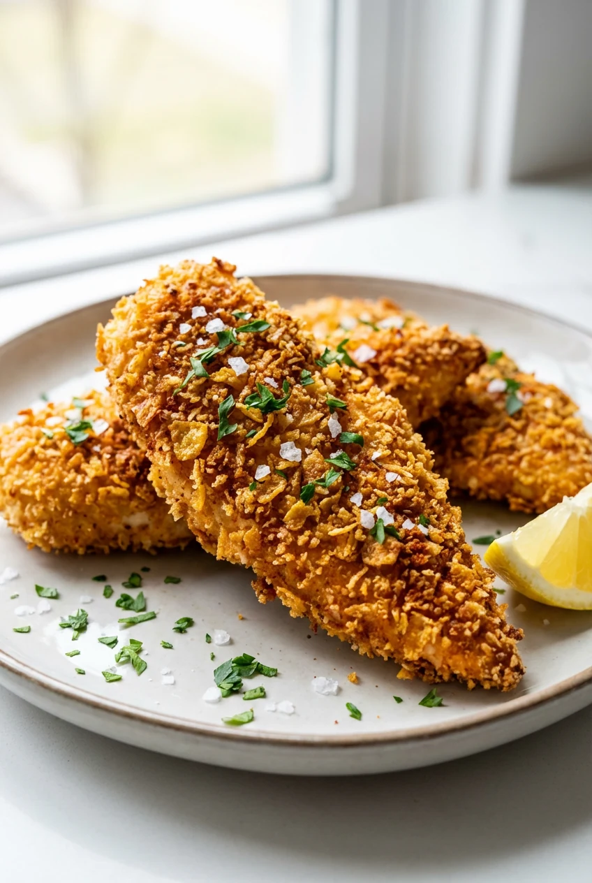1. Close-up of oven-baked chicken tenders with shatter-crisp panko/cornflake crust, deep golden-brown with smoked paprik