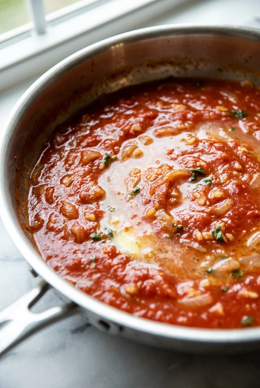 1. Close-up of glossy red tomato sauce emulsifying with butter and reserved pasta water in a sauté pan; softened onions 