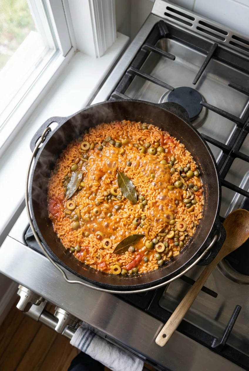 Overhead shot: arroz con gandules simmering uncovered in a heavy caldero at the crater stage—tomato-achiote orange rice