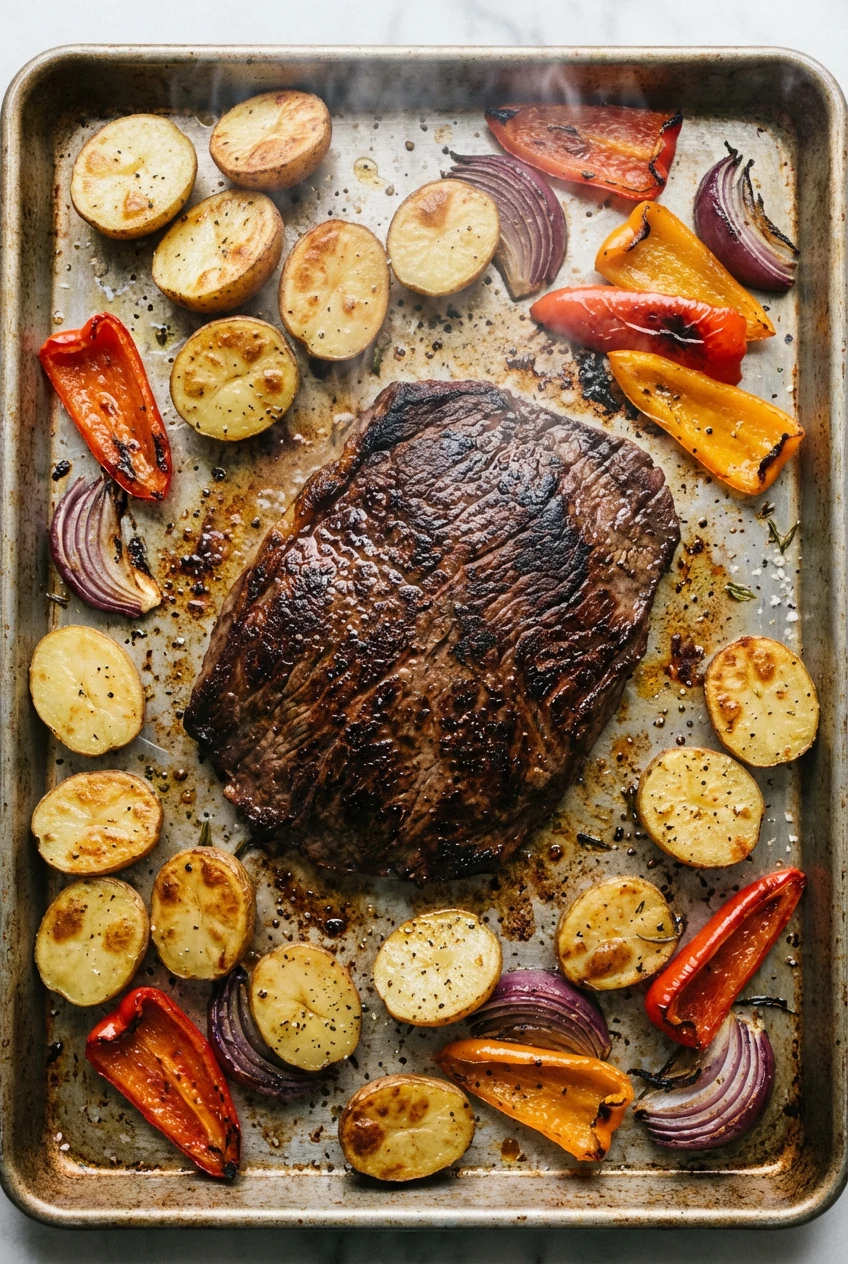 Overhead shot of the hot sheet pan mid-roast: flank steak sizzling with a deep seared crust, baby potatoes blistered and