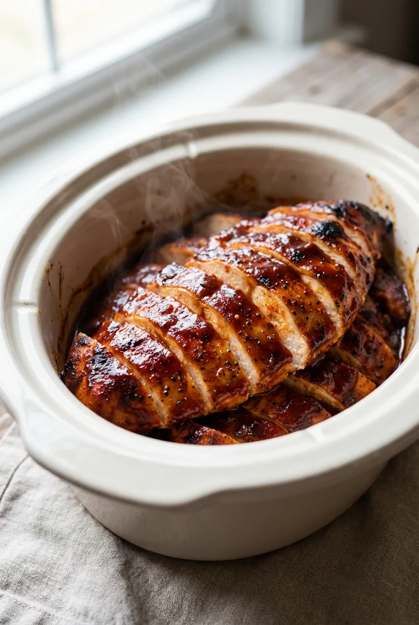 Close-up detail: smoky BBQ crockpot chicken breast slices with caramelized, broiled edges, glossy sauce clinging, paprik