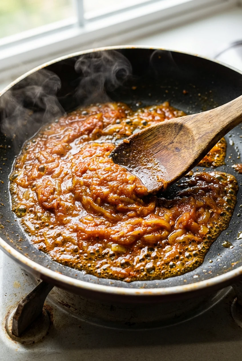 1. Cooking process: Glossy onion–tomato masala with a turmeric-red hue sizzling in a nonstick skillet, tiny bubbles and 