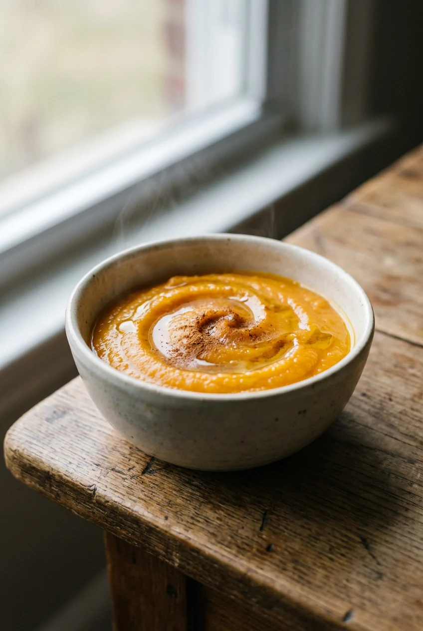 Close-up of silky Stage 1 sweet potato puree, warm orange hue with a tiny swirl of cinnamon and glossy olive oil in a pe