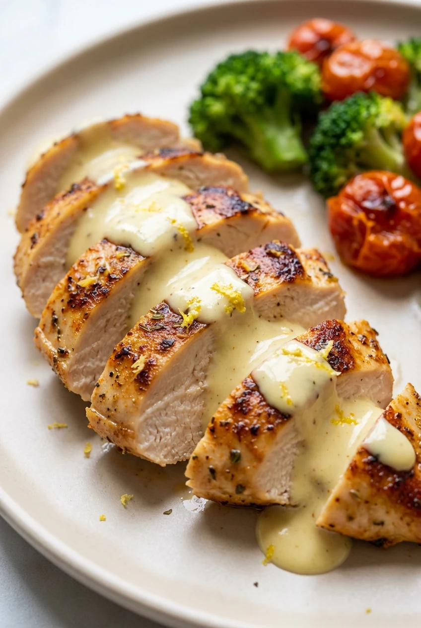 Close-up of sliced lemon-herb seared chicken with golden edges and juicy center, glossed in creamy Greek yogurt–Dijon–le