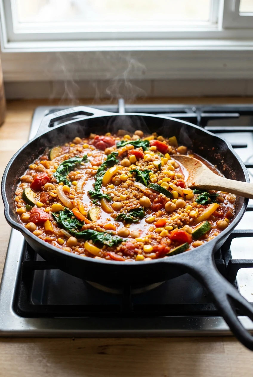 Deep skillet simmer: quinoa, chickpeas, fire-roasted tomatoes, corn, and sautéed onion–bell pepper–zucchini gently bubbl