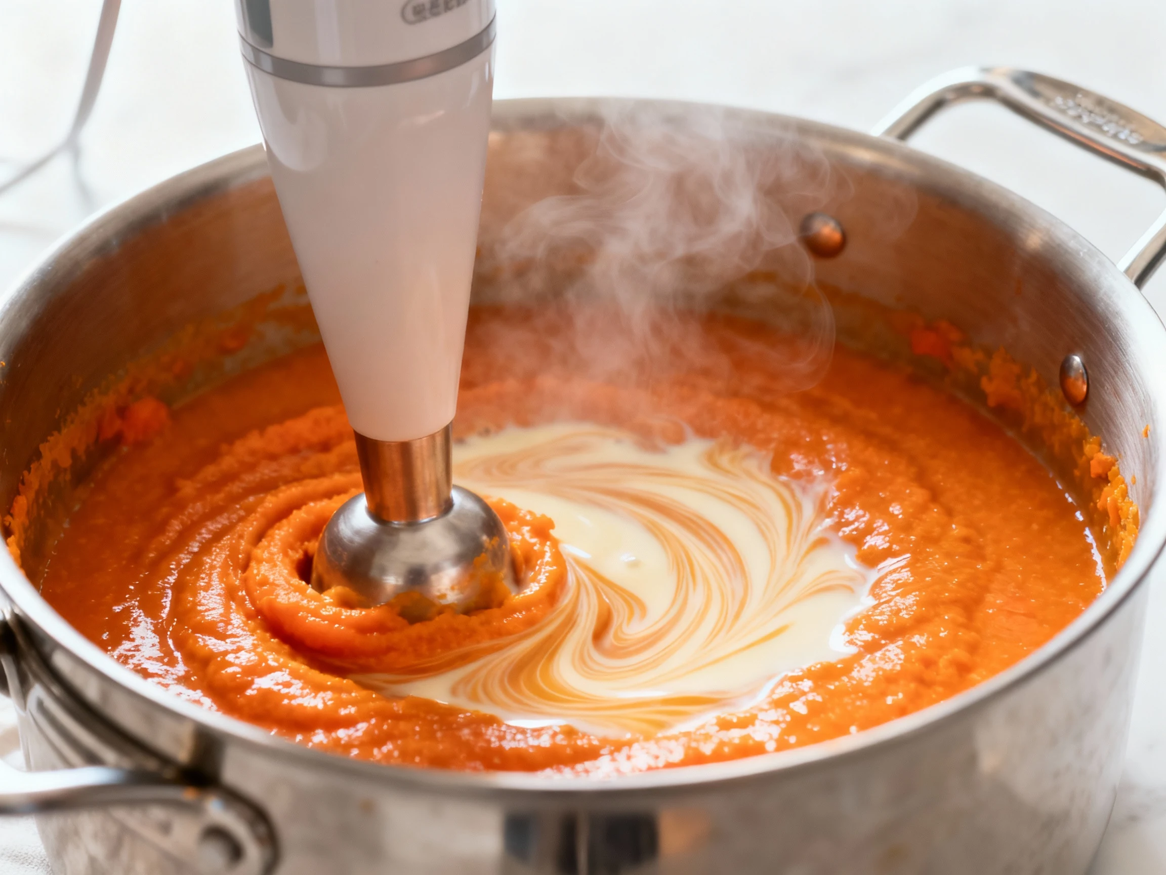 Food photography, 1. Cooking process: Close-up of immersion blender smoothing roasted carrot purée in a stainless pot; v