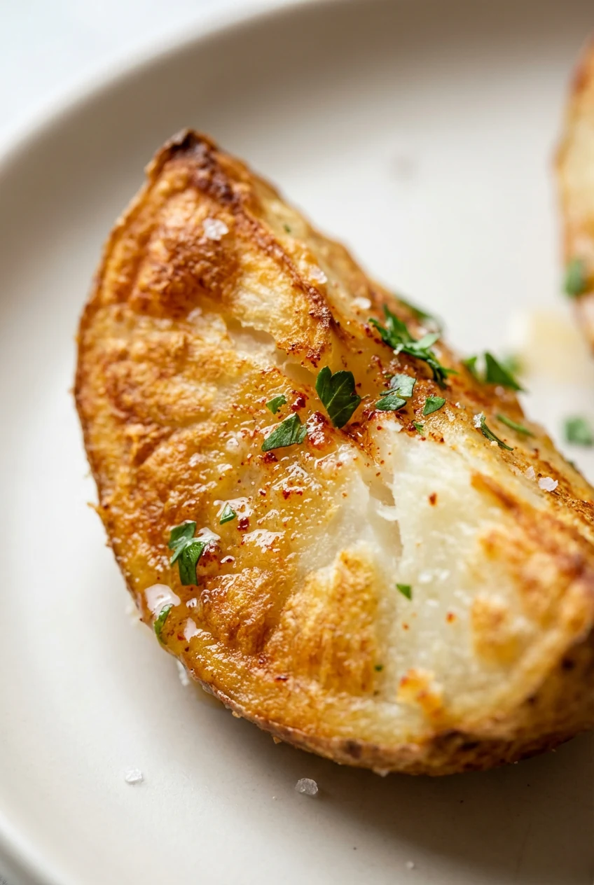 Close-up of crispy roasted russet potato wedge with a deep-golden, craggy crust from baking-soda parboil, fluffy white c