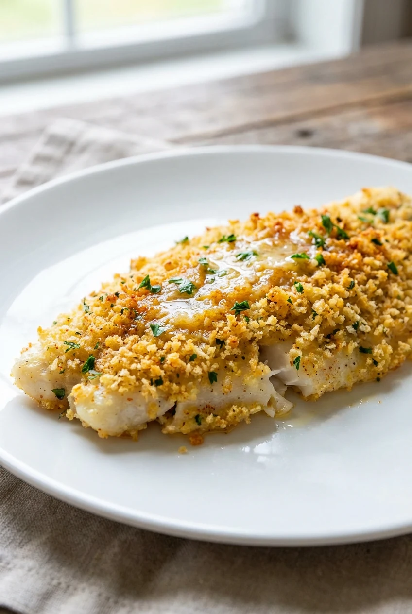 Close-up of oven-baked lemon-Parmesan crusted flounder: golden panko-Parmesan crumb, flecks of parsley and paprika, flak