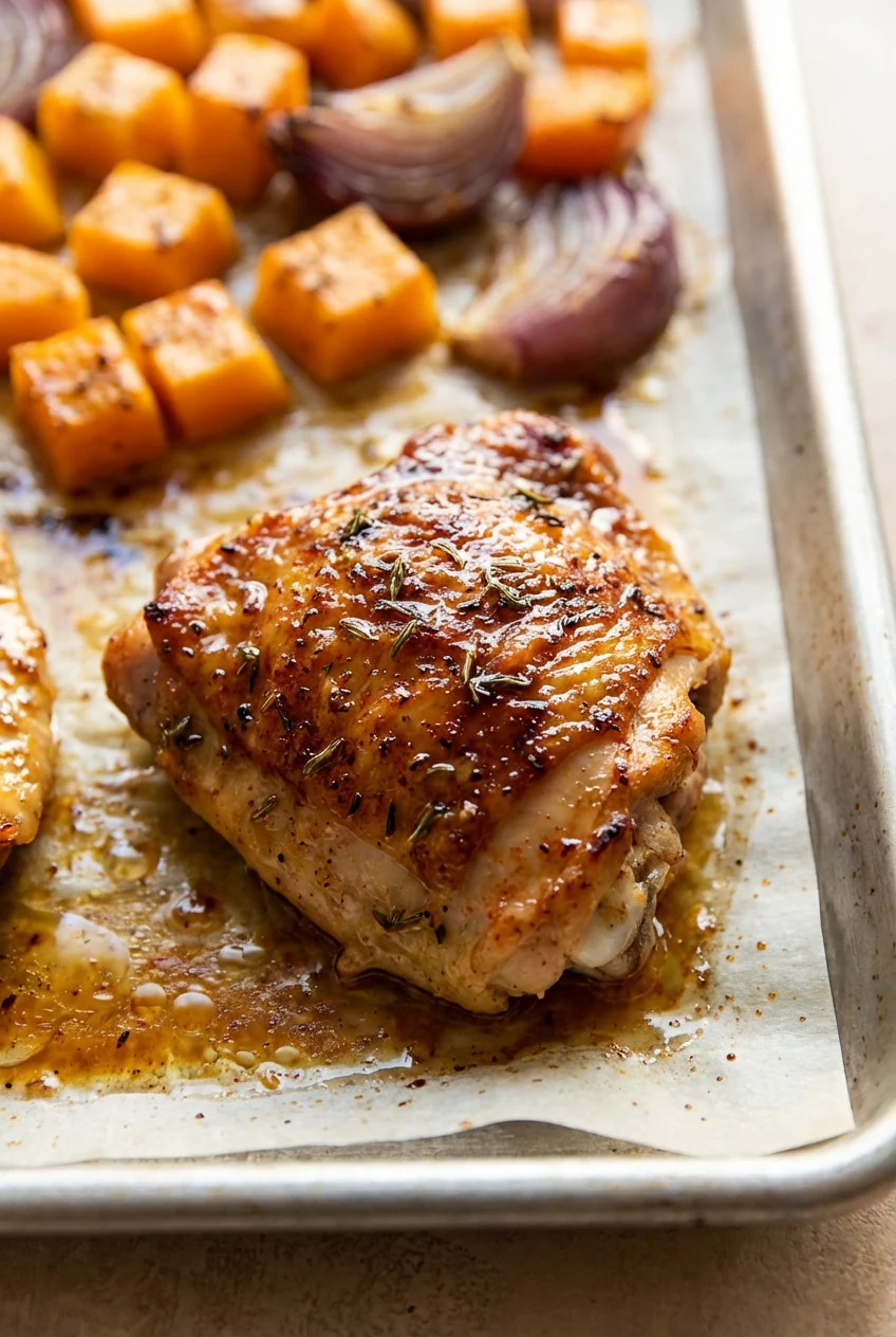 Close-up of crisp-skinned maple-Dijon glazed chicken thigh on the sheet pan, glistening with pan juices, speckled with t