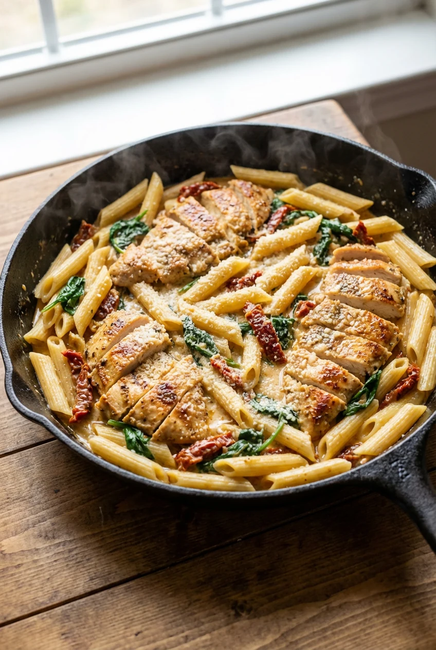 Skillet shot of penne finishing in a silky Creamy Tuscan sauce—sun-dried tomatoes, wilted spinach, and golden sliced chi