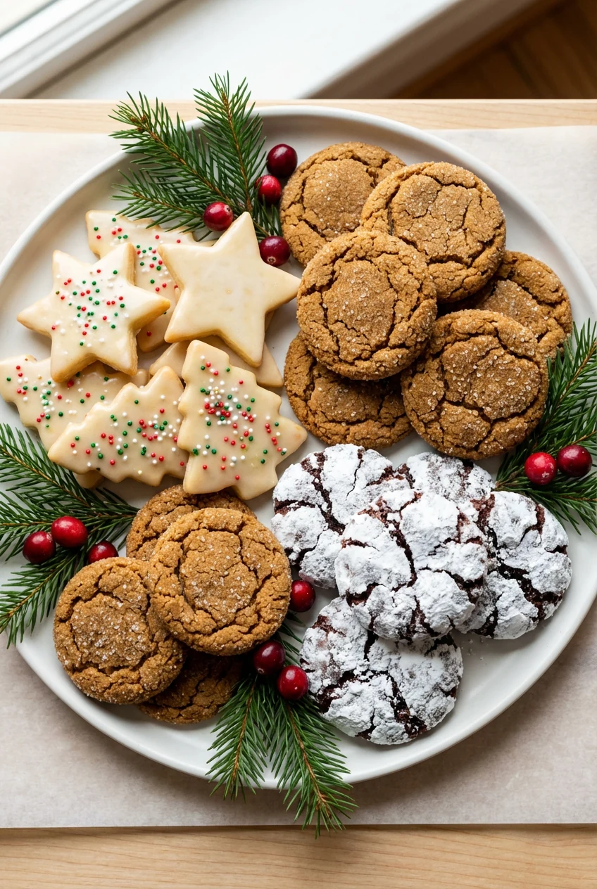 Overhead shot of a holiday cookie platter showcasing one dough, three treats: glossy glazed sugar cut‑outs with festive