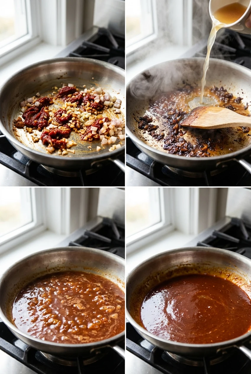 Cooking process: Deglazing a caramelized tomato paste–garlic–shallot base with low-sodium stock; steam rising as fond is
