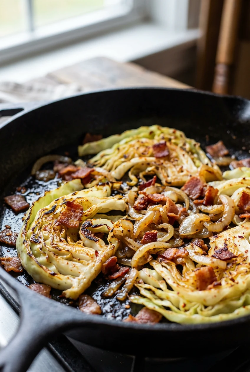 Close-up of seared cabbage ribbons with crisp bacon crumbles and golden onions in a cast-iron skillet; charred edges, gl