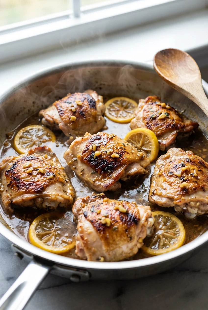One-pan lemon-ginger chicken thighs simmering in glossy coconut aminos–bone broth sauce; seared edges, garlic-ginger bit
