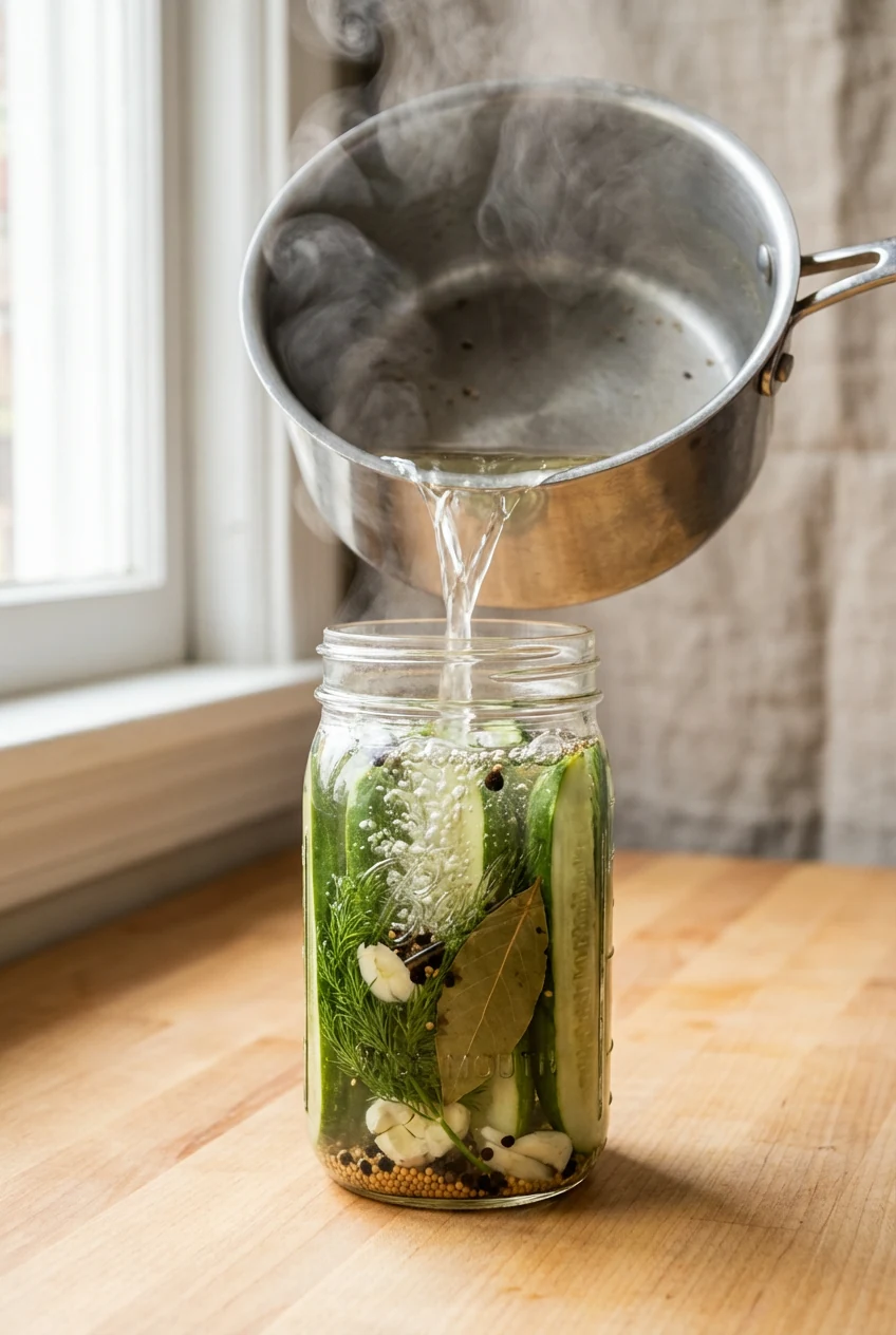 Hot brine being poured into a wide-mouth pint jar packed with cold Kirby cucumber spears, dill sprigs, smashed garlic, b