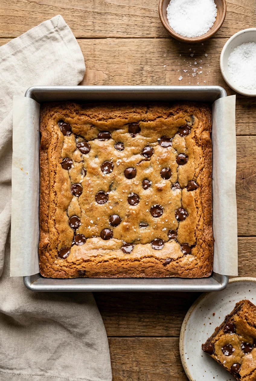 Overhead shot of freshly baked One-Bowl Chocolate Chip Cookie Bars in an 8×8-inch pan lined with parchment overhang, edg