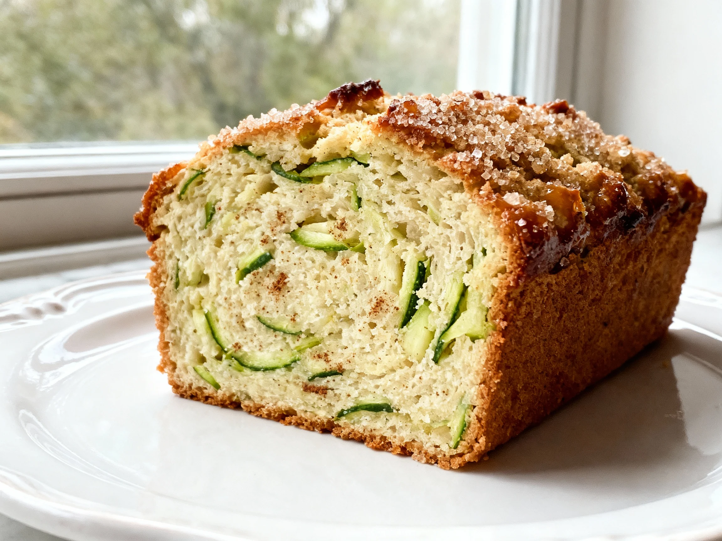 Food photography, Close-up of a freshly sliced zucchini bread slice on a white ceramic plate; plush, tender crumb with v