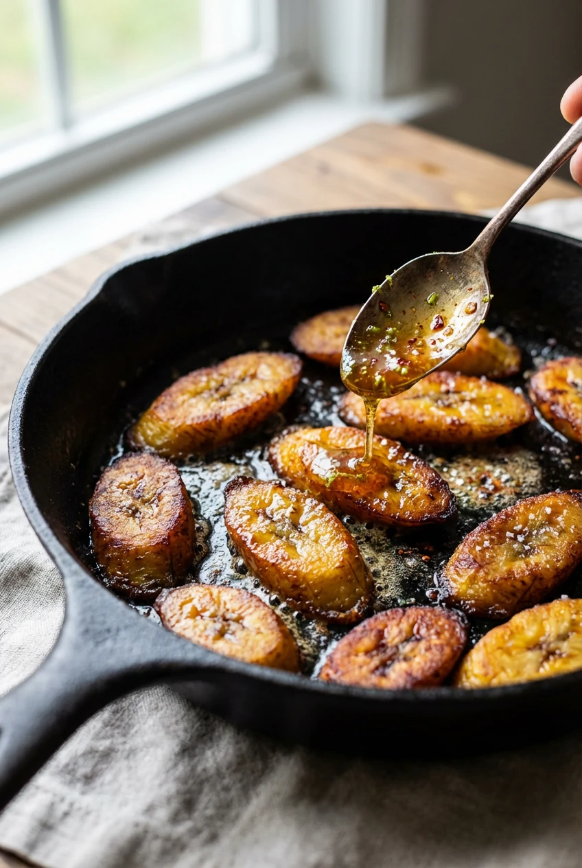 Close-up of maduros caramelizing in a cast-iron skillet: ripe plantain slices with deep golden edges, glossy centers siz
