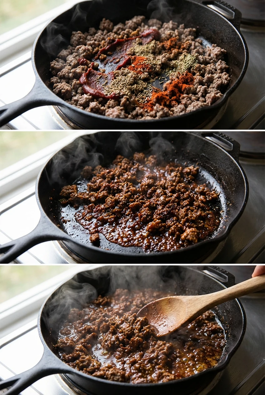 Cooking process close-up: browned ground meat in a cast-iron skillet with caramelized tomato paste and blooming paprika,