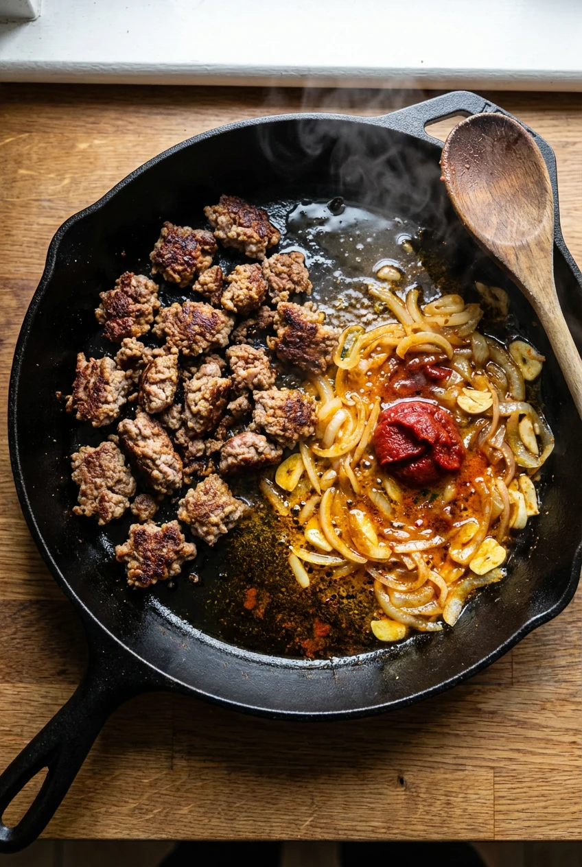 Overhead shot of a large skillet with browned, crispy-edged ground lamb pushed to one side while translucent golden onio