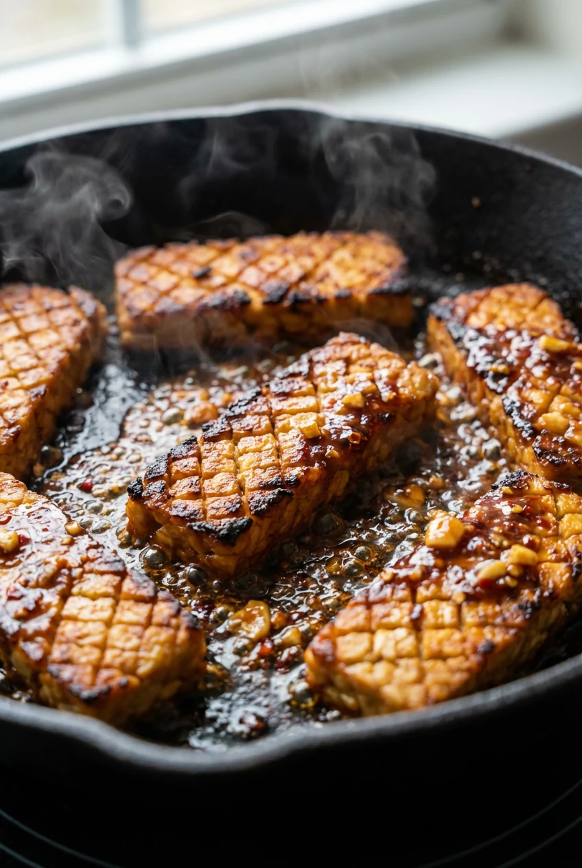 Close-up of crosshatched tempeh searing in a hot cast-iron skillet, cornstarch crust deep golden with caramelized edges