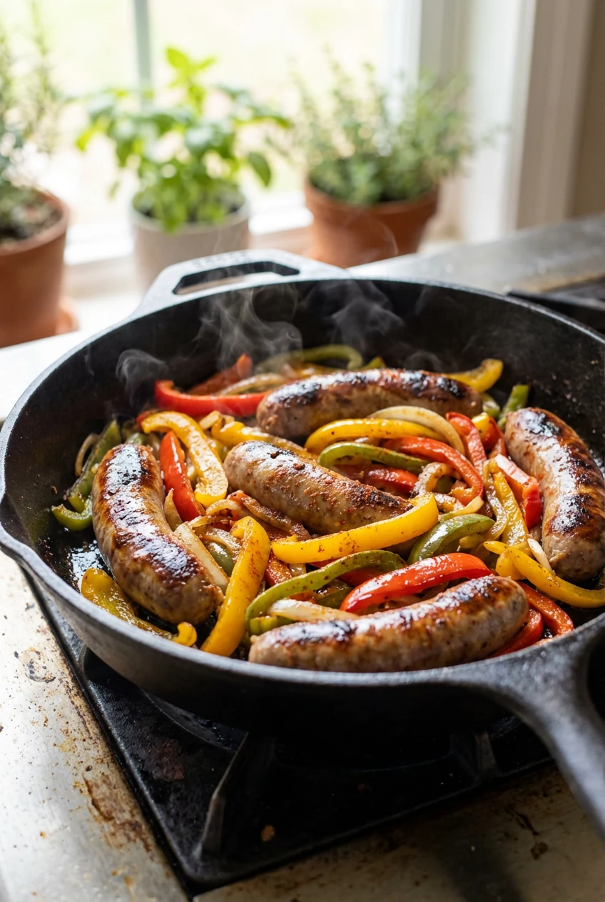 1. Close-up of skillet beer-braise + sear: brats finishing with a hard sear in cast iron, surrounded by glossy, carameli