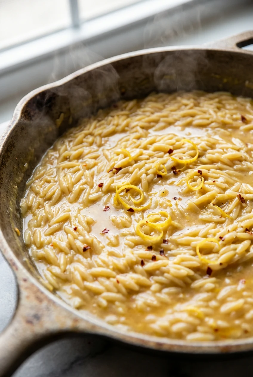 Close-up of creamy orzo simmering in warm broth with visible lemon zest curls and red pepper flakes, glossy starch-relea