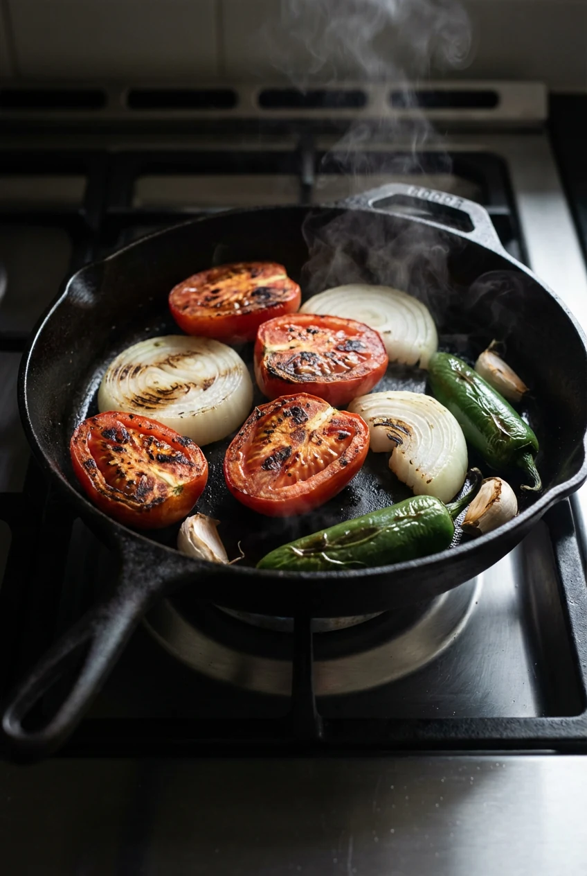 1. Cooking process: Charred tomato salsa in progress—Roma tomatoes, white onion, jalapeño, and garlic deeply blistered i