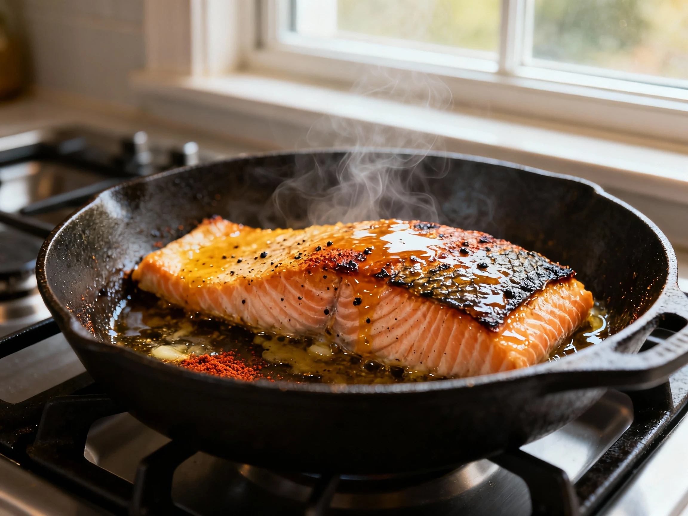 Food photography, Close-up of pan-seared salmon skin-side down in a cast-iron skillet, crispy blistered skin and caramel