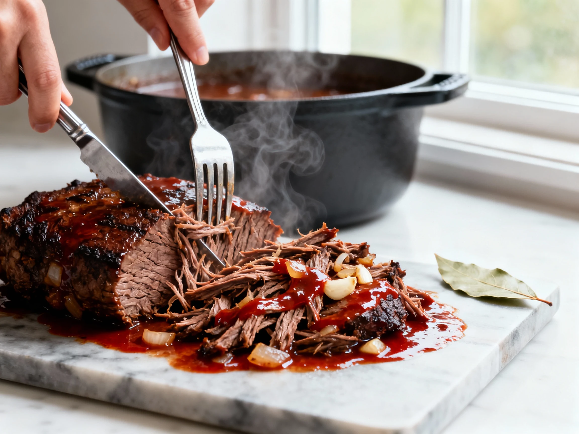 Food photography, Close-up of fork-tender shredded beef being pulled with two forks on a board, deep mahogany sear and b