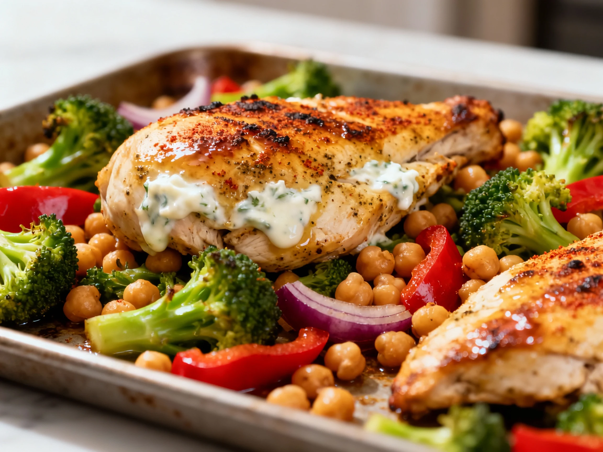 Food photography, Sheet pan roast of Greek yogurt–marinated chicken over broccoli, chickpeas, red bell pepper, and red o