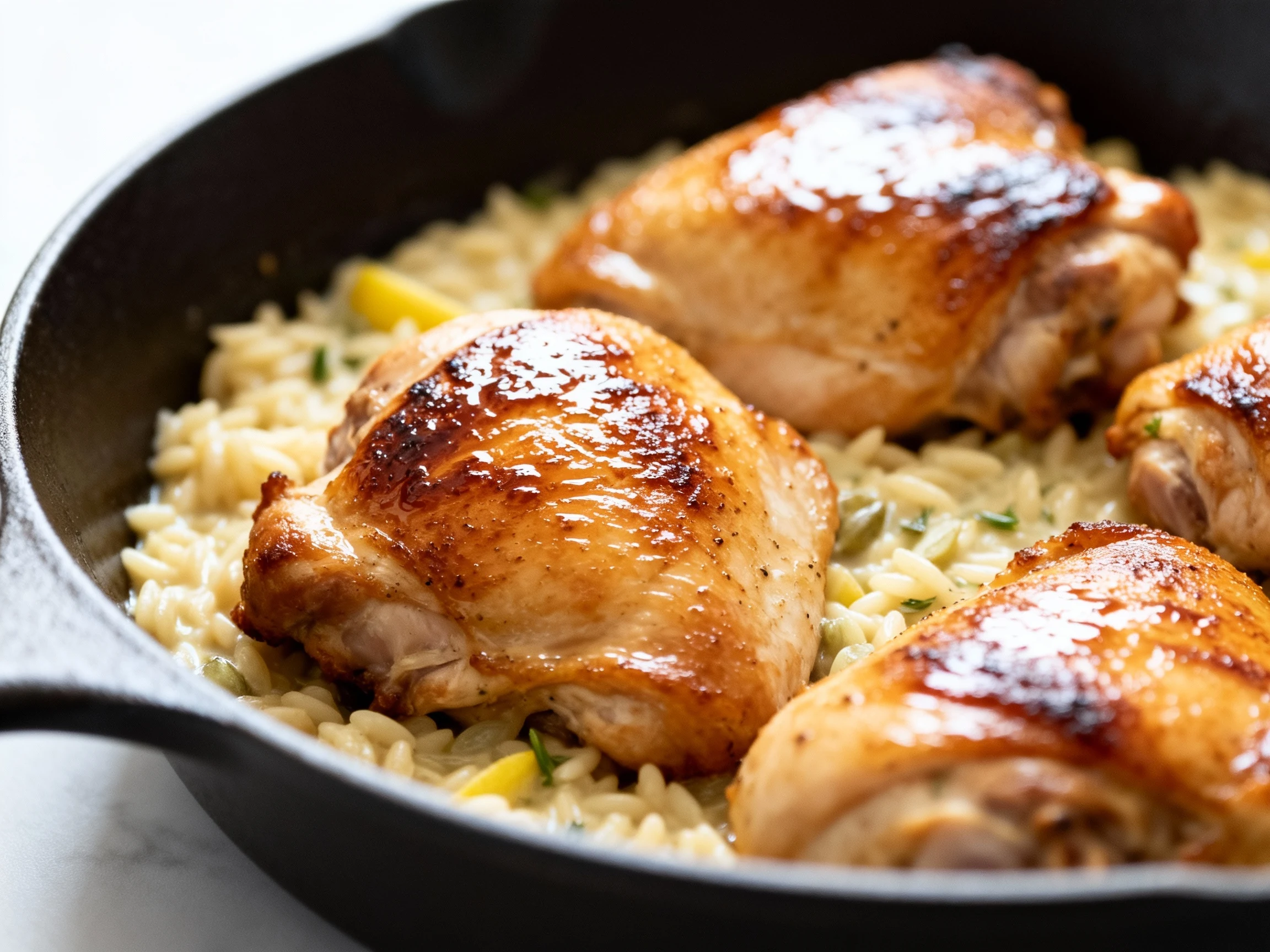 Food photography, Close-up of golden-seared chicken thighs in a stainless skillet for creamy lemon garlic chicken orzo, 
