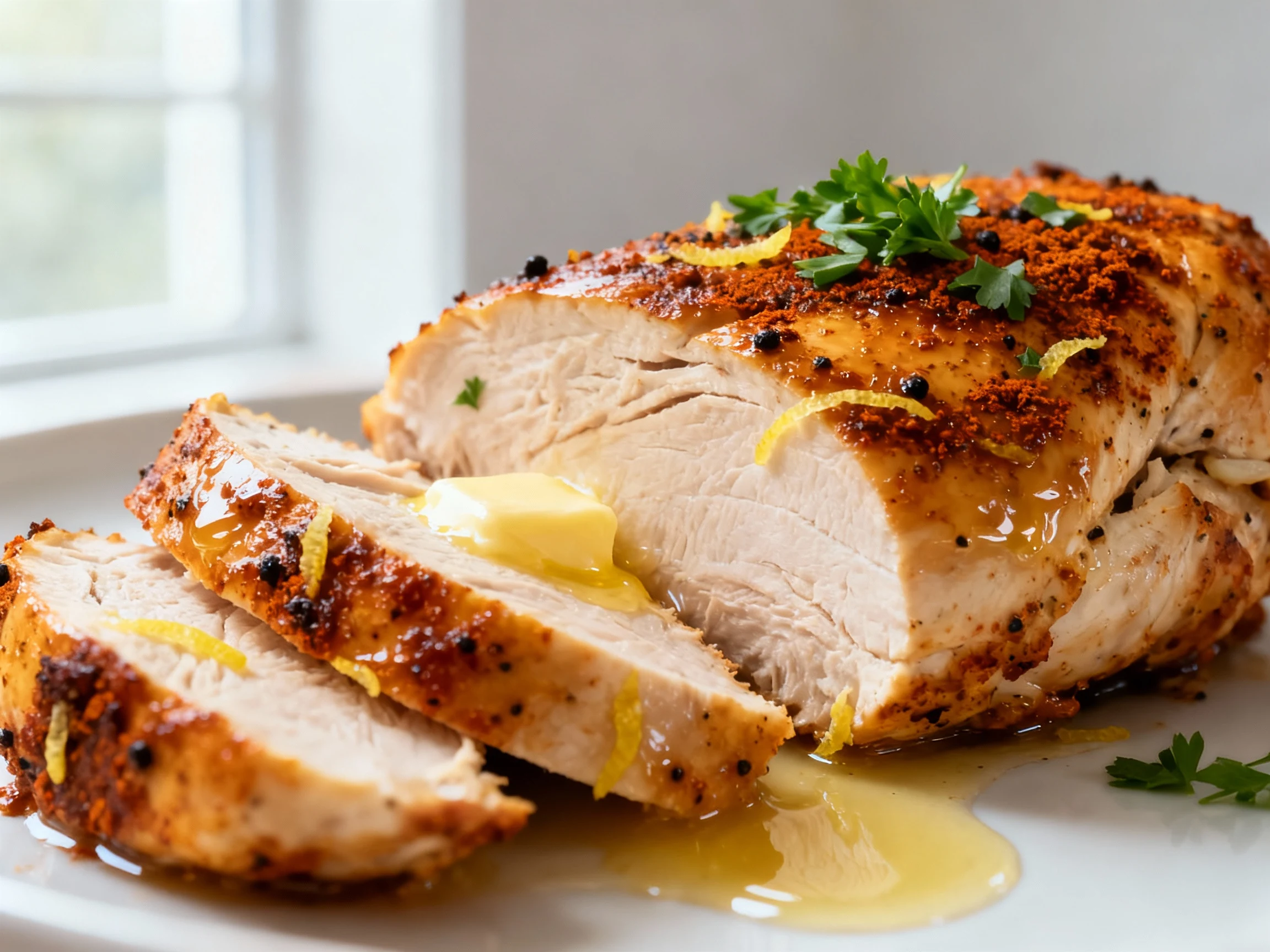 Food photography, Macro close-up of sliced baked chicken breast after rest—juicy interior with glistening fibers, deep g
