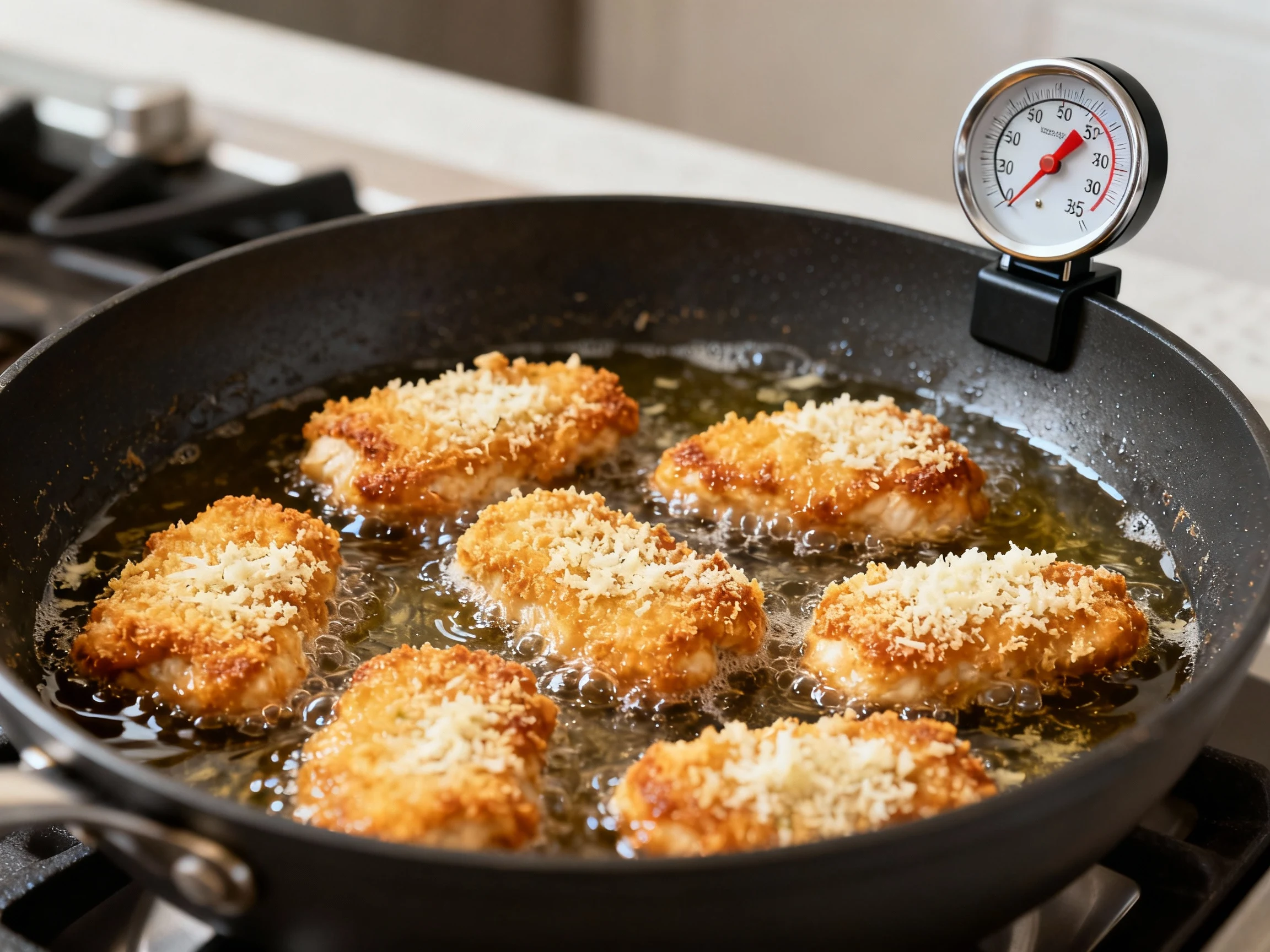 Food photography, 1. Close-up of chicken nuggets sizzling in 350–365°F oil, panko–Parmesan crust bubbling to deep golden