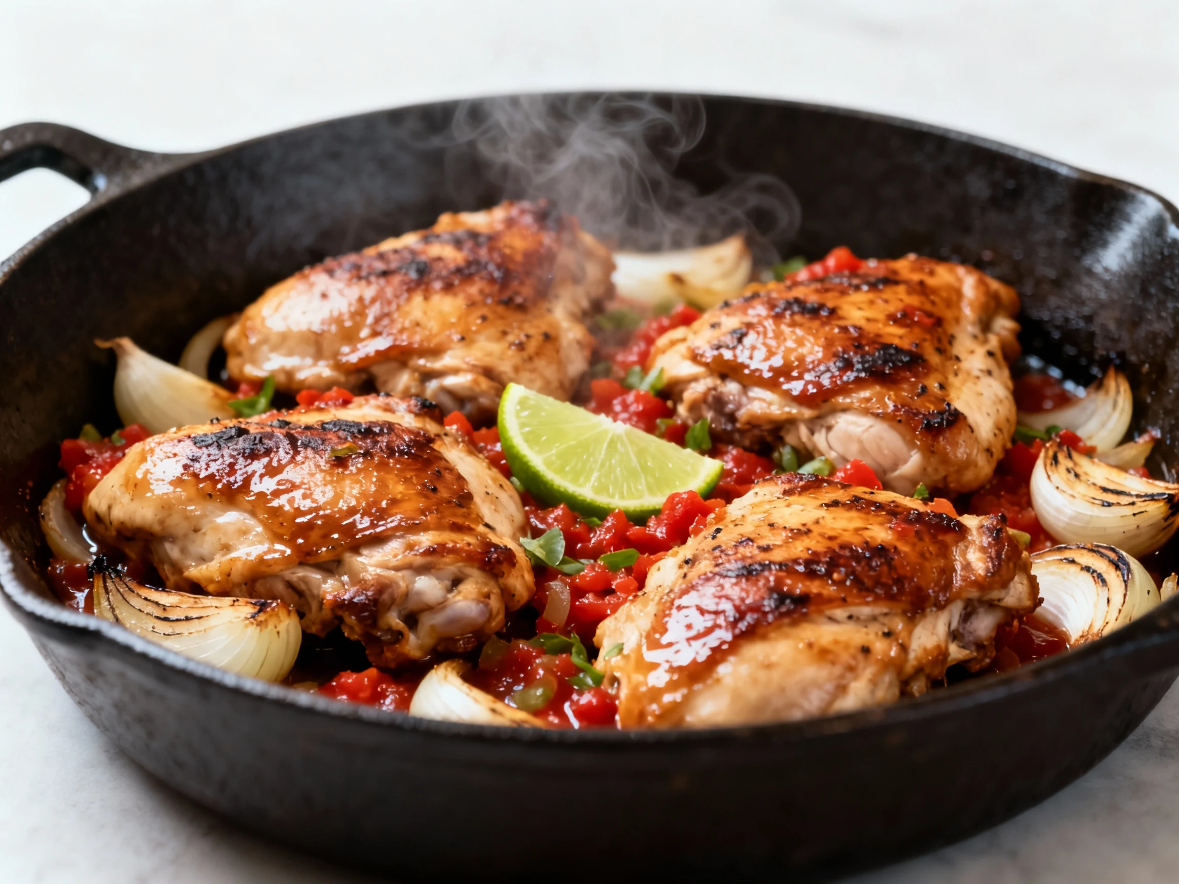 Food photography, Seasoned chicken thighs searing hard in a hot cast-iron skillet with lightly charred onion and garlic;