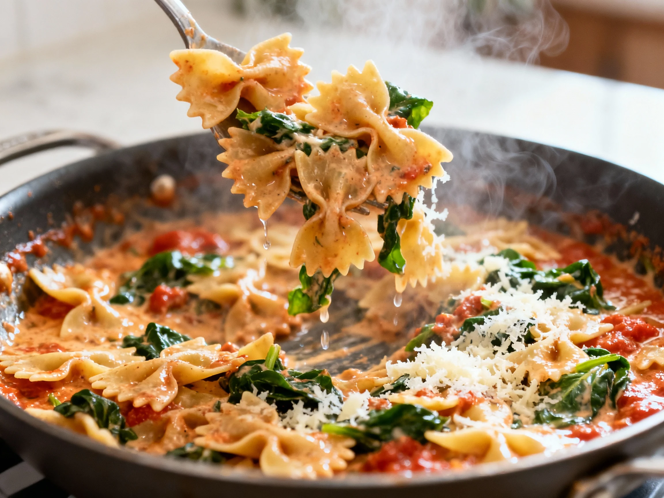 Food photography, Cooking process: bowtie pasta being vigorously tossed in a large skillet with creamy garlic tomato sau