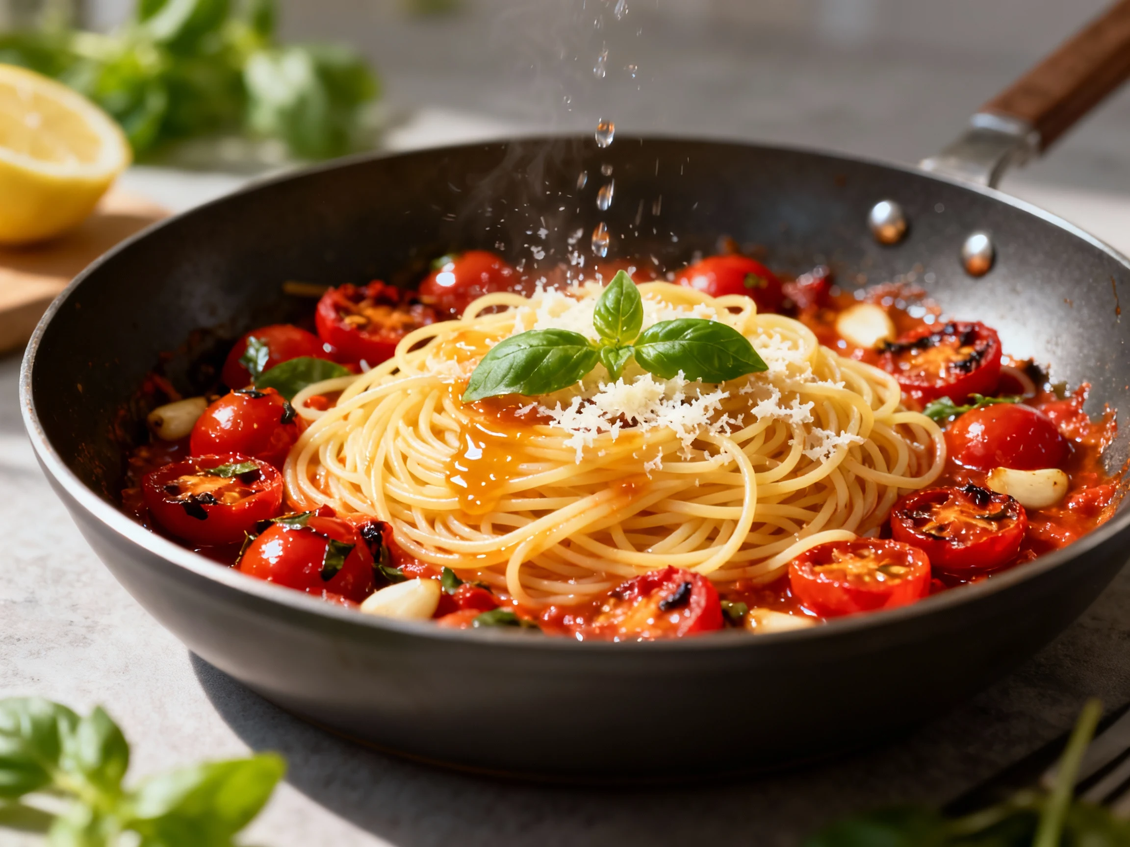 Food photography, Angel hair being tossed 1 minute undercooked into lemon-garlic blistered cherry tomato sauce in a wide