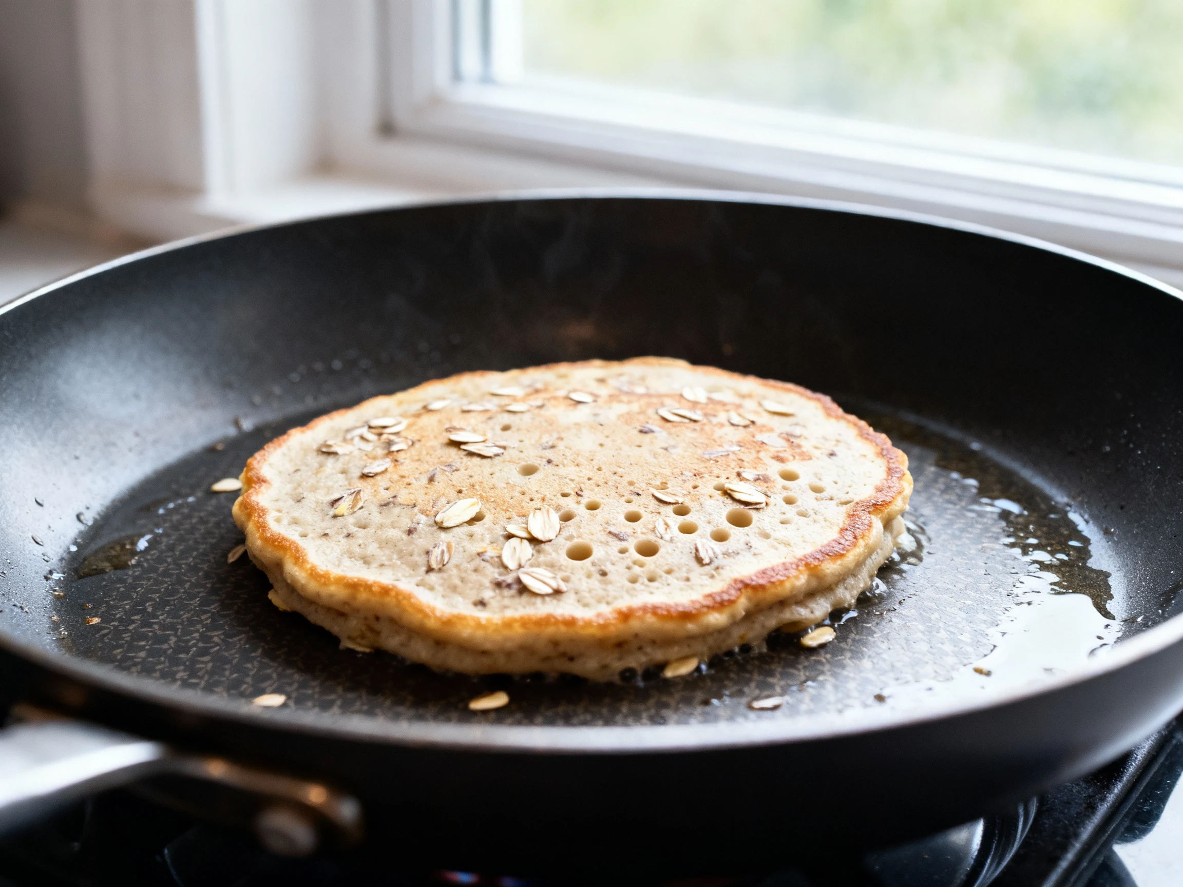 Food photography, Banana–oat protein pancakes sizzling in a nonstick skillet over medium heat, close-up of deep golden e