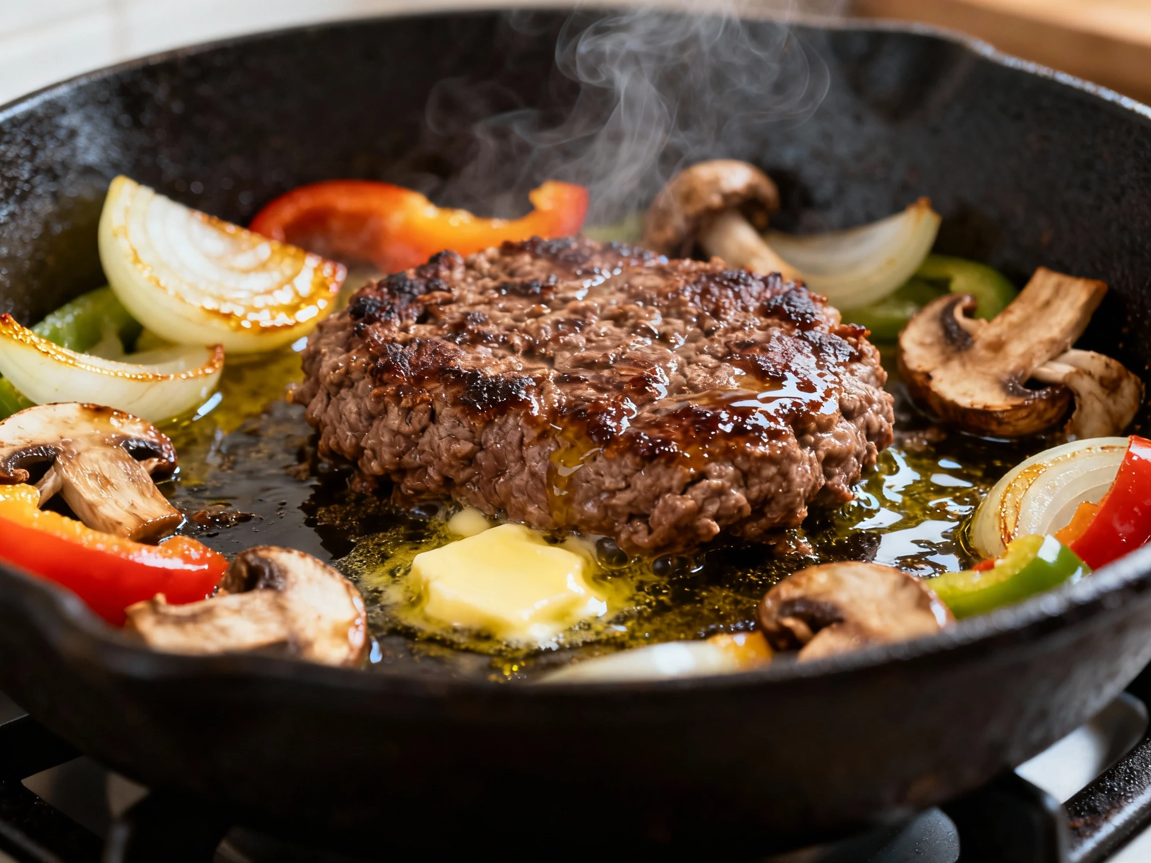Food photography, Close-up process shot: browned ground venison searing in a cast-iron skillet, deep caramelized crust, 
