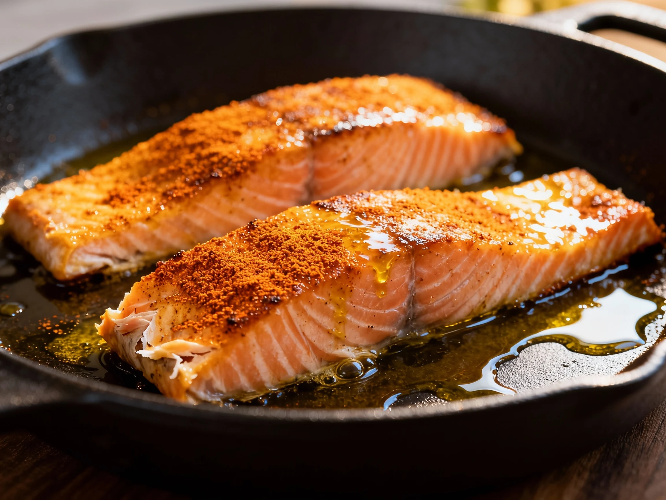 Food photography, 1. Close-up of pan-seared salmon fillets in a matte black skillet, golden smoked-paprika crust and glo